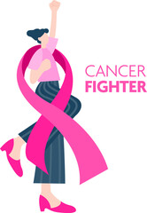 Pink ribbon with a fighting woman. Breast cancer awareness month. Design for poster, banner, t-shirt. Illustration.