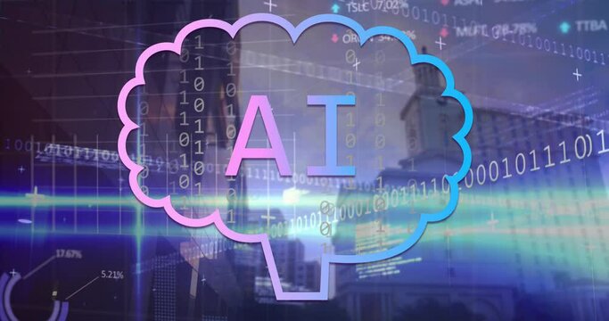 Animation of ai data processing with ai icons over binary coding and cityscape