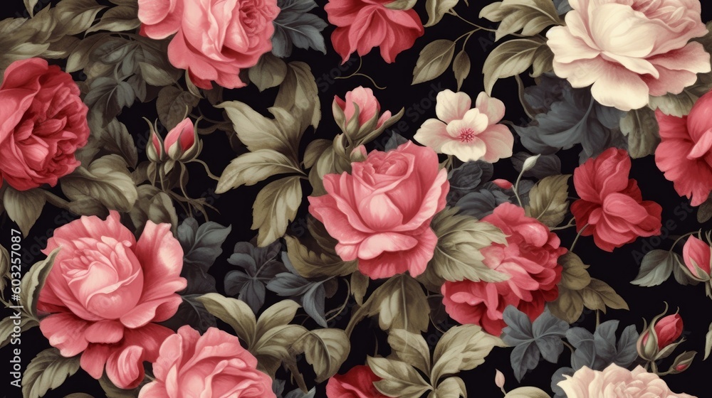 Wall mural Vibrant floral pattern featuring lush and blooming roses. Generative AI