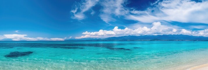 Obraz premium Beautiful background for summer vacation and travel. Golden sand of tropical beach, blue sky and blurred glare of sun on waves of surf. Generative AI