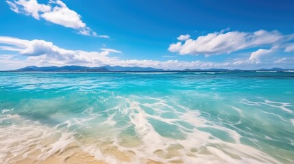 Beautiful background for summer vacation and travel. Golden sand of tropical beach, blue sky and blurred glare of sun on waves of surf. Generative AI