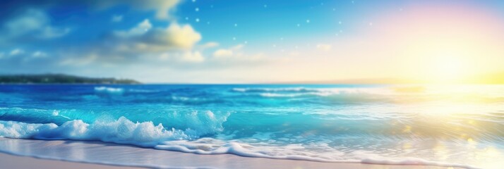 Obraz premium Natural blurred defocused background for concept summer vacation. Nature of tropical summer beach with rays of sunlight. Light sand beach, ocean water sparkles against blue sky. Generative AI