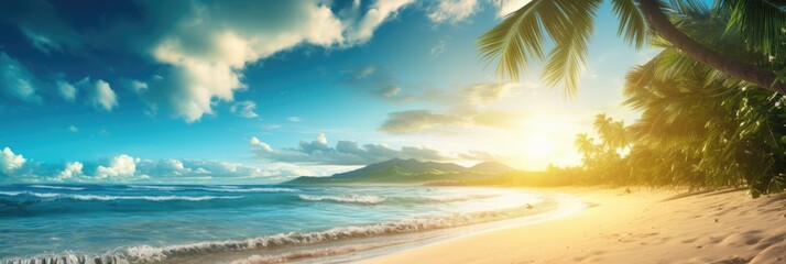 Beautiful background for summer vacation and travel. Golden sand of tropical beach, blue sky and blurred glare of sun on waves of surf. Generative AI