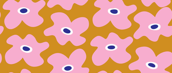 Hand Drawn Irregular Floral Seamless Vector Pattern. Light Pink Daisy Isolated on a Golden Orange Background. Simple Abstract Garden Repeatable Design. Floral Endless Print ideal for Fabric.