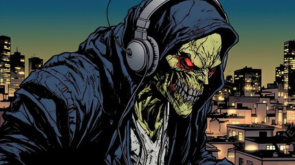 Zombie wearing headphones created with Generative AI technology