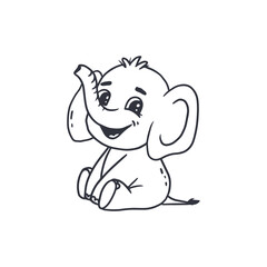 Cute cartoon baby elephant isolated on white background. Illustration for design of coloring book, cards. Doodle style. 