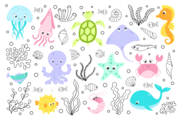 Papier Peint photo Vie marine Vector cute fish and wild marine animals big collection in flat style. Colourful set of ocean and sea life