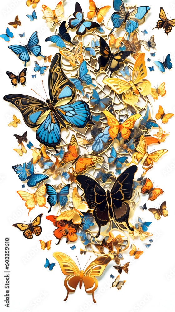 Poster fantasy background image of textured colorful butterflies. created with generative ai technology.