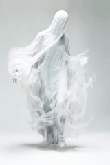 Illustration of an ethereal white ghostly shape surrounded by white steam. Created with Generative AI technology.