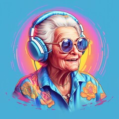 symphatic granny with colorful clothes and headphones
