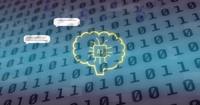 Animation of ai text and icon, data processing over binary coding
