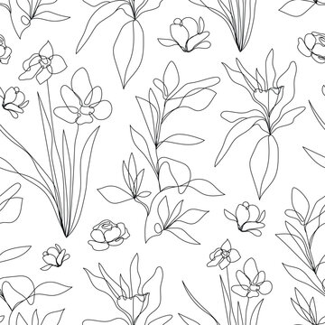 Vector flower linear seamless background, daffodils and leaves. One, continuous line pattern, hand drawn style. Monoline doodle