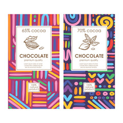 ABSTRACT CHOCOLATE PACKAGING Bright Color Organic Background Design In African Style And Vintage Labels With Hand Drawn Cocoa Beans Vector Illustration Set