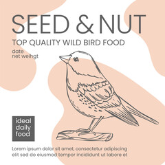 WILD BIRD FOOD Seed And Nut Modern Packaging Design Vector Illustration Sketch With Abstract Beige Color Spots Elements Printable Monochrome Hand Drawn Template