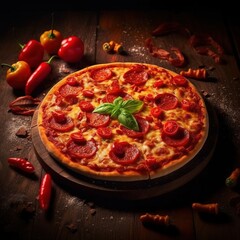 Obraz na płótnie Canvas Product photo of a pizza on dark background with decoration