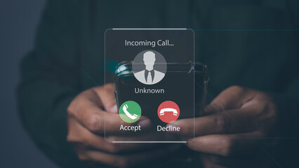 Man answering to incoming from an unknown caller. Phone call from unknown number
