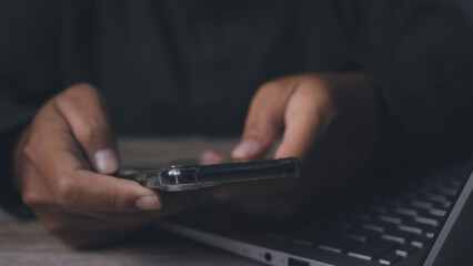 Man hand using mobile smartphone. copy space.