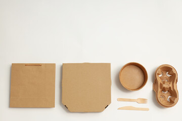 Mockup flat lay with food delivery accessories on white background