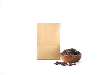 Brown craft paper bag packaging and wooden bowl for roasted coffee beans template isolated on a...