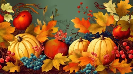 Naklejka na ściany i meble Thanksgiving background, pumpkins, red berries and dry leaves on a dark wooden background, colorful cartoon of turkey bird for Happy Thanksgiving celebration