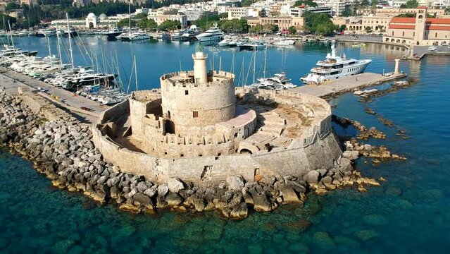 Panorama of city port, sea and fort on Rhodes island, Greece, Europe