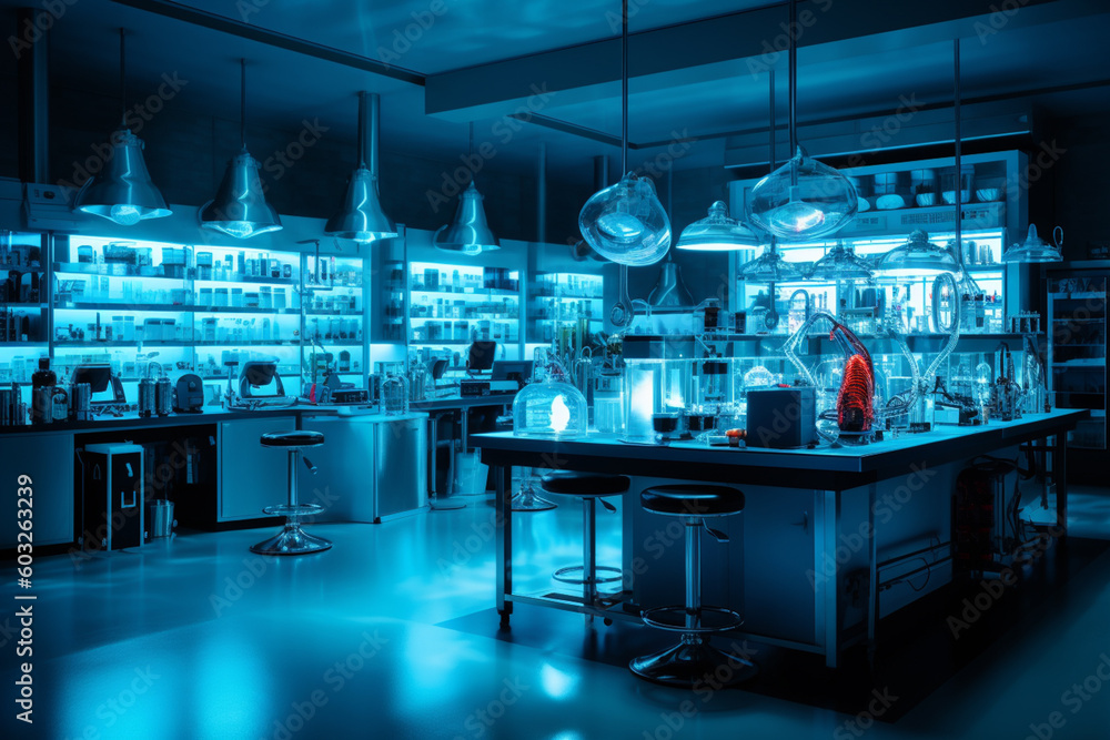 Poster a laboratory with blue lights inside with generative ai