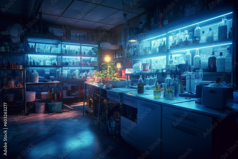 Poster a laboratory with blue lights inside with generative ai