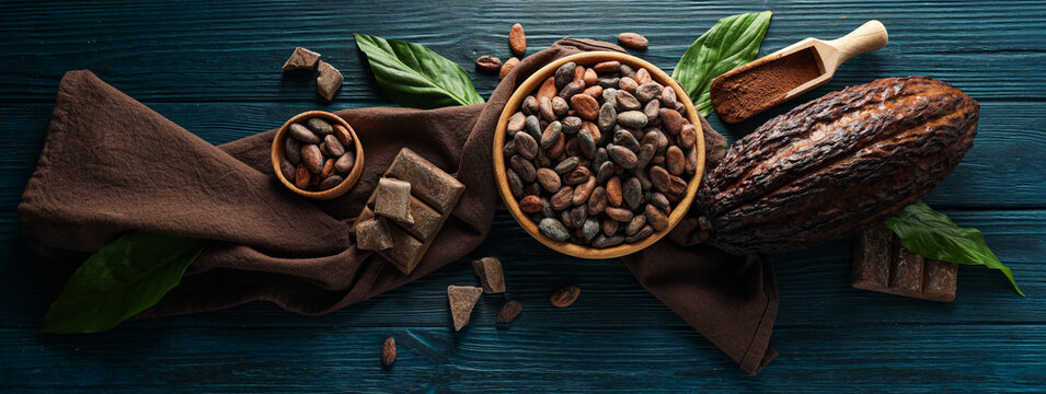 Concept of fresh and aromatic food - cacao beans