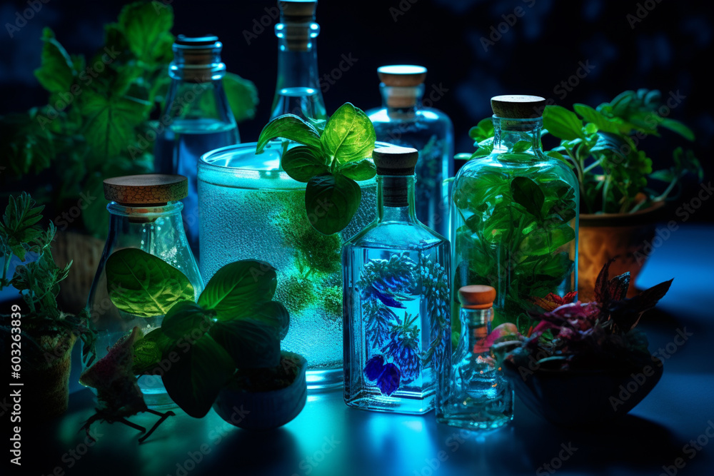 Wall mural science with samples of plants and bottles with generative ai