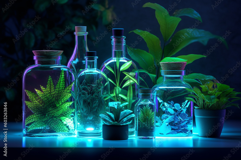 Wall mural science with samples of plants and bottles with generative ai