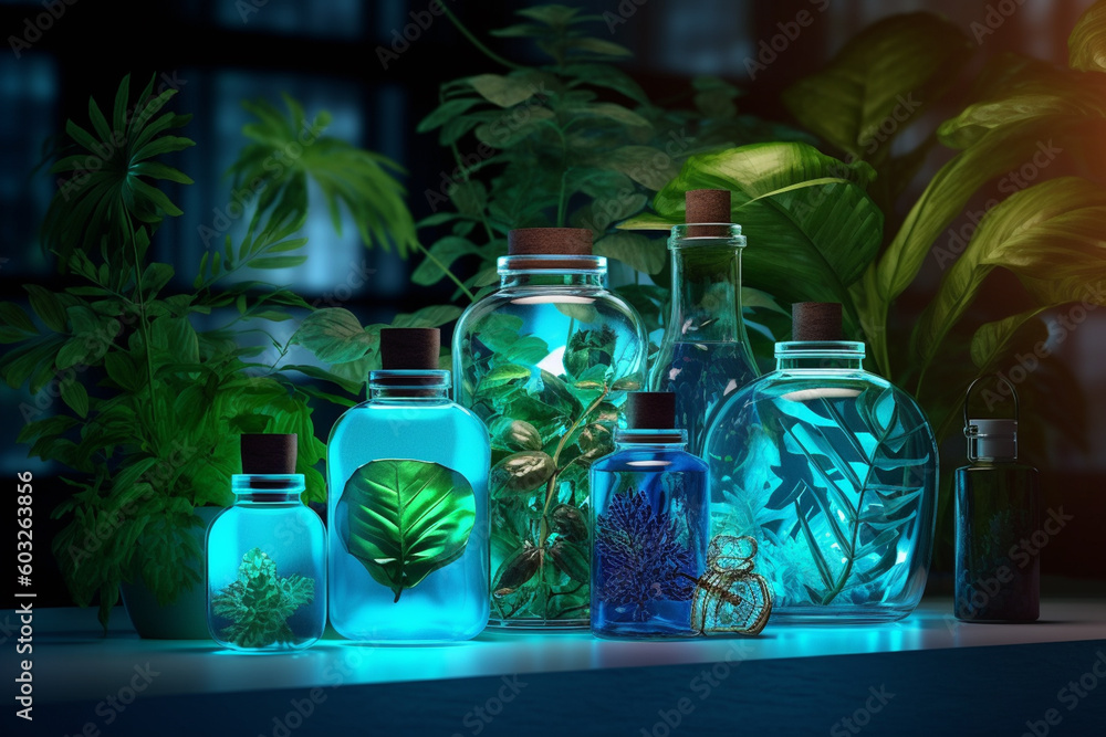 Wall mural science with samples of plants and bottles with generative ai