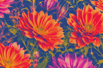 Trendy floral pattern with many kinds of flowers. Tropical botanical motifs are scattered randomly. For fabric with a drawn style. Generative AI
