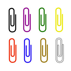 Colorful paper clips icon isolated on white background. Flat style vector illustration.