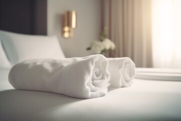 comfortable bedchamber window flower spa towel modern bed bath welcome. Generative AI.