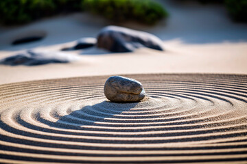 Zen garden with its carefully raked patterned sand.