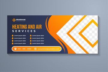heating and air conditioner services  Promo Banner Vector. Cooling Conditioner Block And Remote Control For House Or Office. Climate Technology Equipment Layout Illustration. space for photo collage.