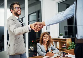 Businessman, shake hand and meeting for an agreement and collaboration after sign contract....