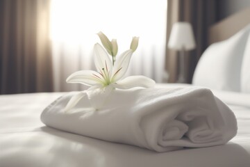 Obraz na płótnie Canvas towel bath modern comfortable window bedchamber flower bed spa welcome. Generative AI.