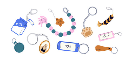 Keychains, trinkets set. Key accessories collection. Different rings, keyrings, holders, chains, pendants, fobs with number tag, paw, photo. Flat vector illustrations isolated on white background