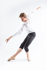Caucasian Young, Handsome, Sporty Athletic Ballet Dancer with Stretched Hands on White.