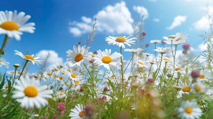 A beautiful, sun - drenched spring summer meadow. Natural colorful panoramic landscape with many wild flowers of daisies against blue sky. A frame with soft selective focus.