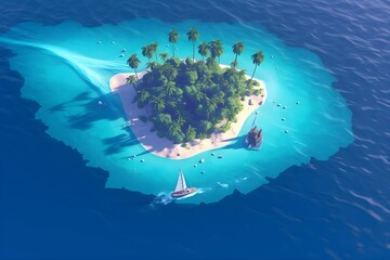 Aerial view.illustration of tropical island and blue smooth sea,ocean and sailboat for Summer holiday or vacation concepts.long banner size design.generative ai technology