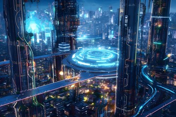 Futuristic city-centered hyper loops gateway, AI machine learning, digital cyber community,metaverse or new world globalization generative ai technology