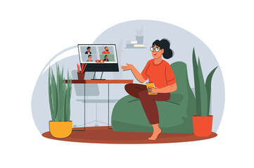 Online education concept with people scene in the flat cartoon design. The student communicates with other people in an online lesson. Vector illustration.