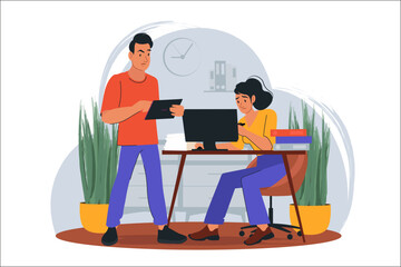 Concept Stress at work with people scene in the flat cartoon design. The girl receives stressed at work from her supervisor. Vector illustration.