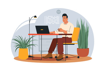 Concept programming with people scene in the flat cartoon design. A programmer tries to understand computer code. Vector illustration.