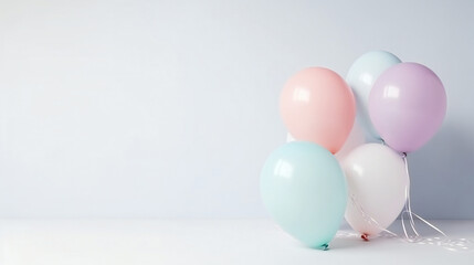 Fototapeta na wymiar Pastel balloons aon white background. Party or birthday banner empty space. generative ai