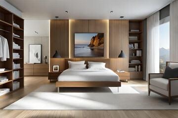 Fototapeta na wymiar Interior design of a minimalist bedroom with luxurious fabrics, light colors, and big glass windows that exudes tranquility and simplicity | Generative AI
