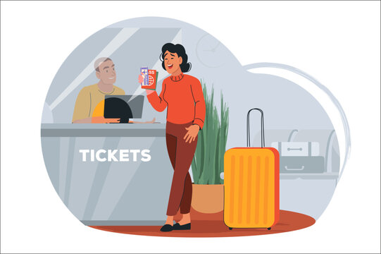 Concept travel with people scene in the flat cartoon design. A woman buys a plane ticket to travel wit a big yellow suitcase. Vector illustration.