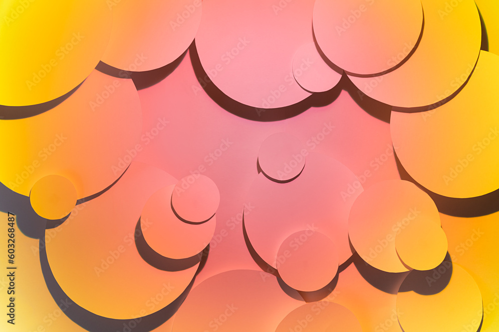 Poster bright abstract texture with circles in hard gradient light of pink and yellow color with shadows in